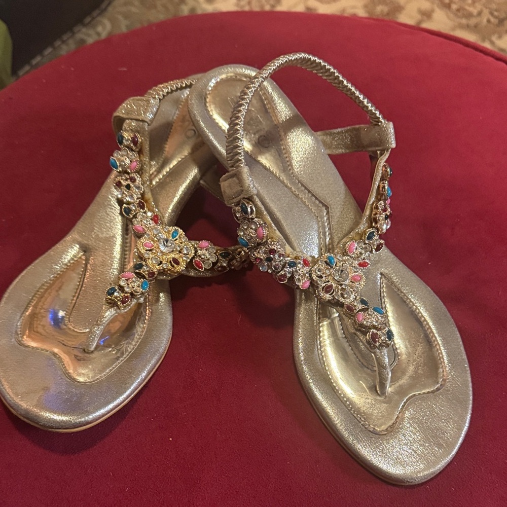 Elegant Gold Sandals with Multicolor Embellishments